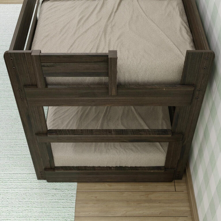 Max & Lily Modern Farmhouse Twin Over Twin Low Bunk Bed in Barnwood Brown - overhead view of the end ladder and both mattresses.