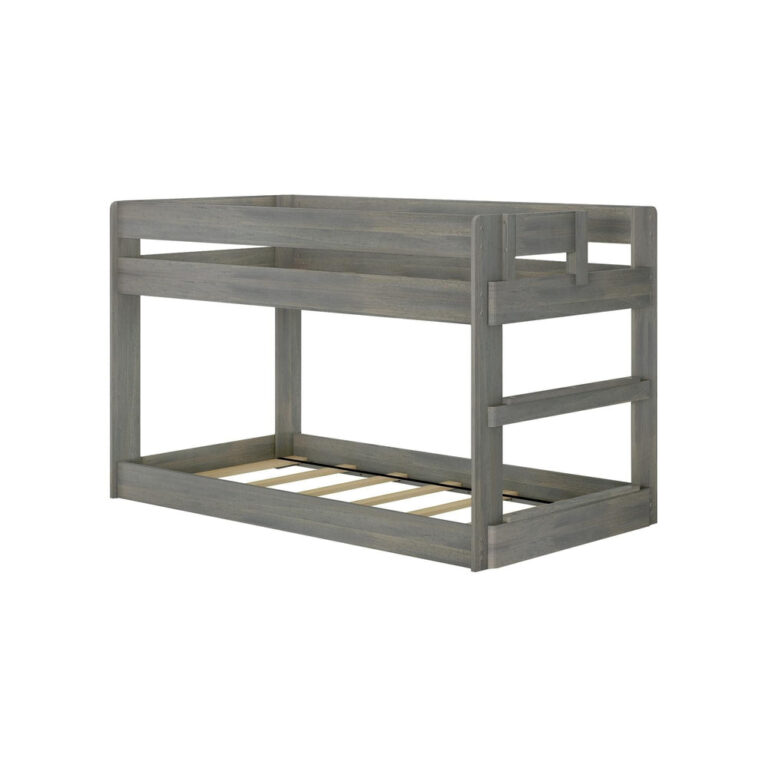Max & Lily Modern Farmhouse Twin Over Twin Low Bunk Bed in Driftwood - angled studio view of the bare frame on a white background showing the wood support slats and end ladder.
