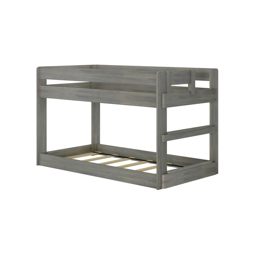Max & Lily Modern Farmhouse Twin Over Twin Low Bunk Bed in Driftwood - angled studio view of the bare frame on a white background showing the wood support slats and end ladder.