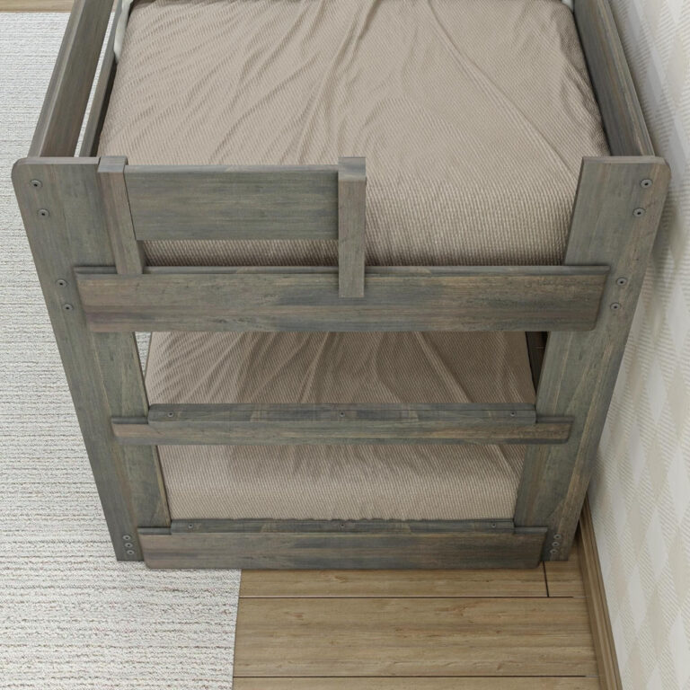 Max & Lily Modern Farmhouse Twin Over Twin Low Bunk Bed in Driftwood - overhead view looking down the end ladder onto both mattresses.