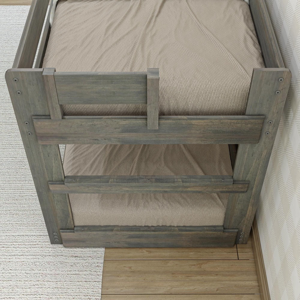 Max & Lily Modern Farmhouse Twin Over Twin Low Bunk Bed in Driftwood - overhead view looking down the end ladder onto both mattresses.