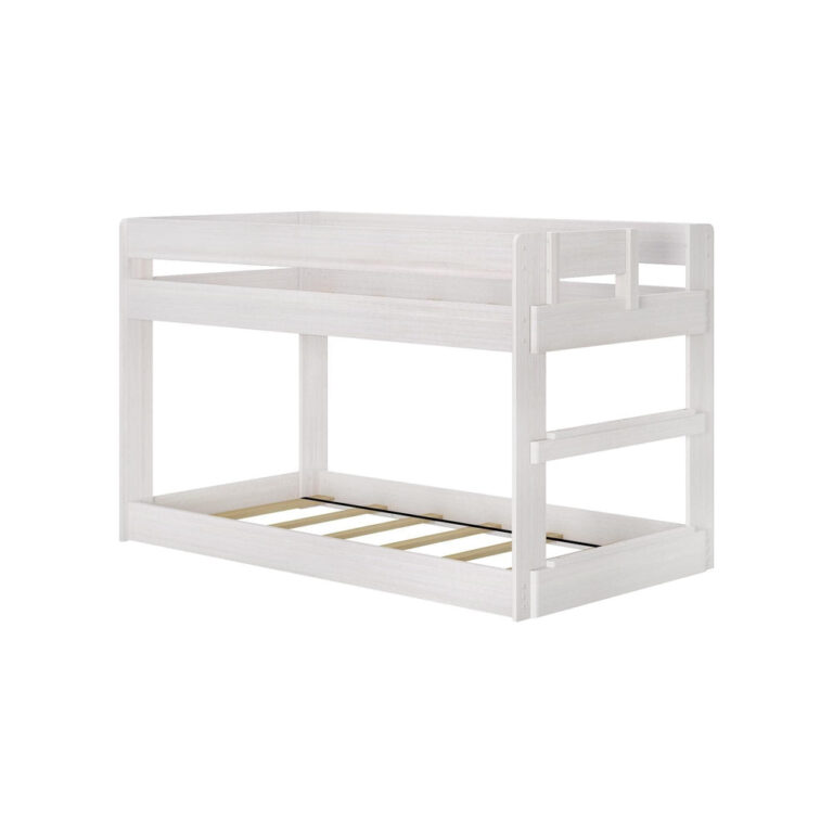 Max & Lily Modern Farmhouse Twin Over Twin Low Bunk Bed in White Wash - angled view of the bare frame showing the integrated side ladder and slatted bases
