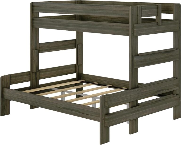 Max & Lily Modern Farmhouse Twin XL-Over-Queen Bunk Bed - angle view of the frame showing the offset upper and lower bunks with attached ladder