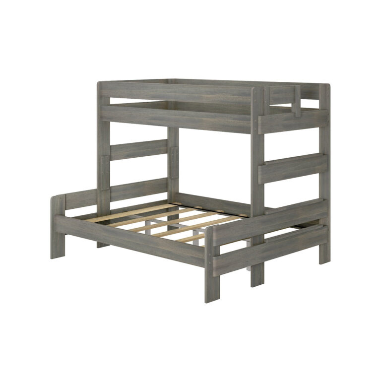 Max & Lily Modern Farmhouse Twin XL-Over-Queen Bunk Bed in Driftwood - angled studio view of the offset twin-over-queen frame with guardrails and slatted platform.