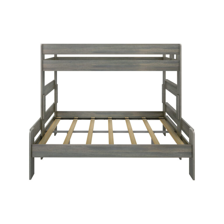 Max & Lily Modern Farmhouse Twin XL-Over-Queen Bunk Bed in Driftwood - front studio view showing the guardrails, integrated ladder, and wooden slat platform.