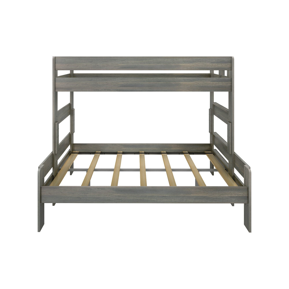 Max & Lily Modern Farmhouse Twin XL-Over-Queen Bunk Bed in Driftwood - front studio view showing the guardrails, integrated ladder, and wooden slat platform.