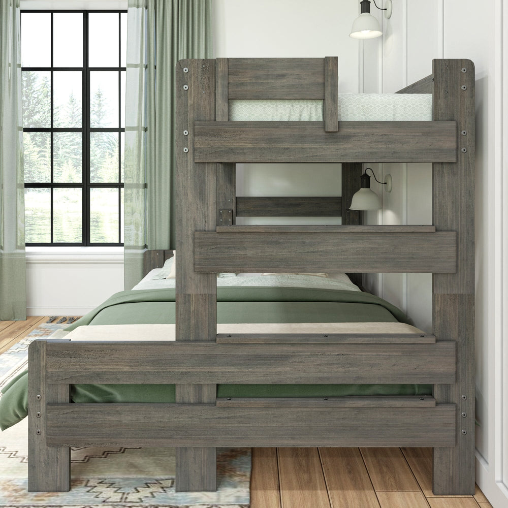 Max & Lily Modern Farmhouse Twin XL-Over-Queen Bunk Bed in Driftwood - close-up of the integrated end ladder and frame joinery in a bedroom setting.