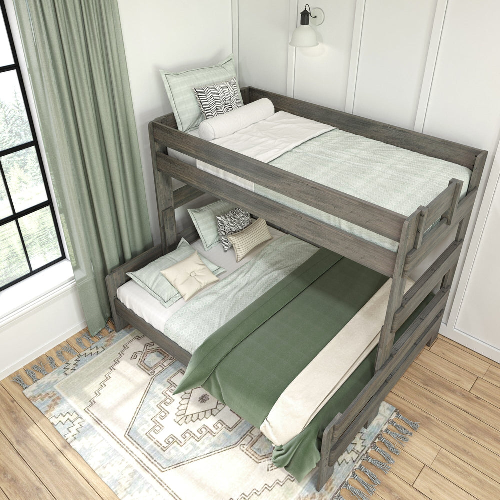 Max & Lily Modern Farmhouse Twin XL-Over-Queen Bunk Bed in Driftwood - overhead view of both bunks made up with bedding in a styled bedroom.