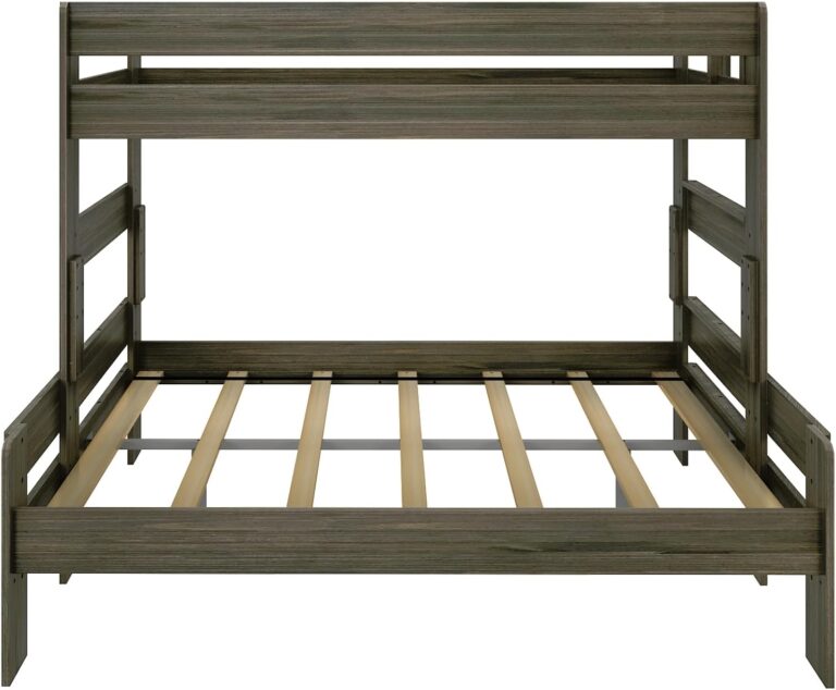 Max & Lily Modern Farmhouse Twin XL-Over-Queen Bunk Bed - front view of the assembled frame showing the upper bunk guardrails and lower bunk wooden slats