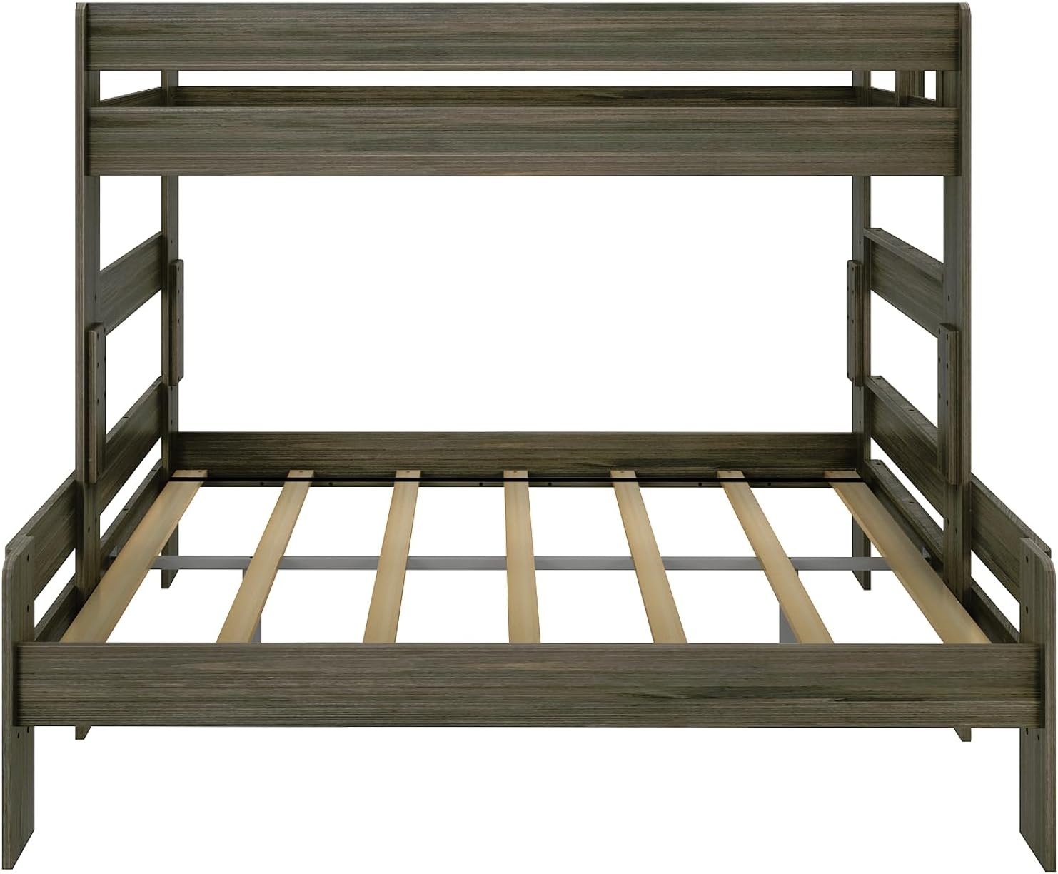 Max & Lily Modern Farmhouse Twin XL-Over-Queen Bunk Bed - front view of the assembled frame showing the upper bunk guardrails and lower bunk wooden slats