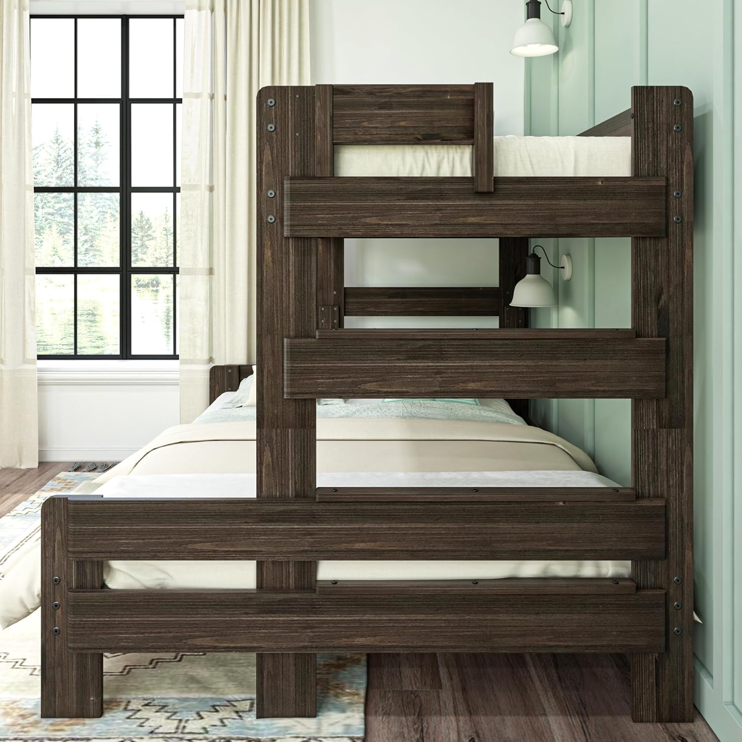 Max & Lily Modern Farmhouse Twin XL-Over-Queen Bunk Bed - close-up of the end showing the built-in ladder, guardrails and headboard by a window