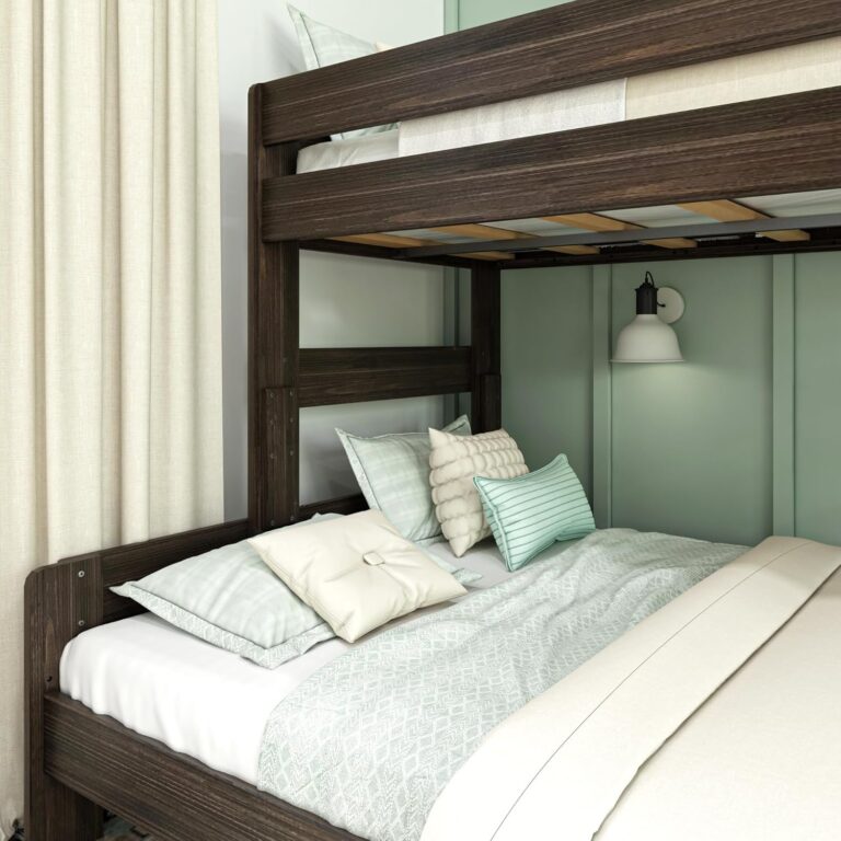 Max & Lily Modern Farmhouse Twin XL-Over-Queen Bunk Bed - close-up of the lower bunk made up with bedding, showing the underside slats of the upper bunk and a wall sconce
