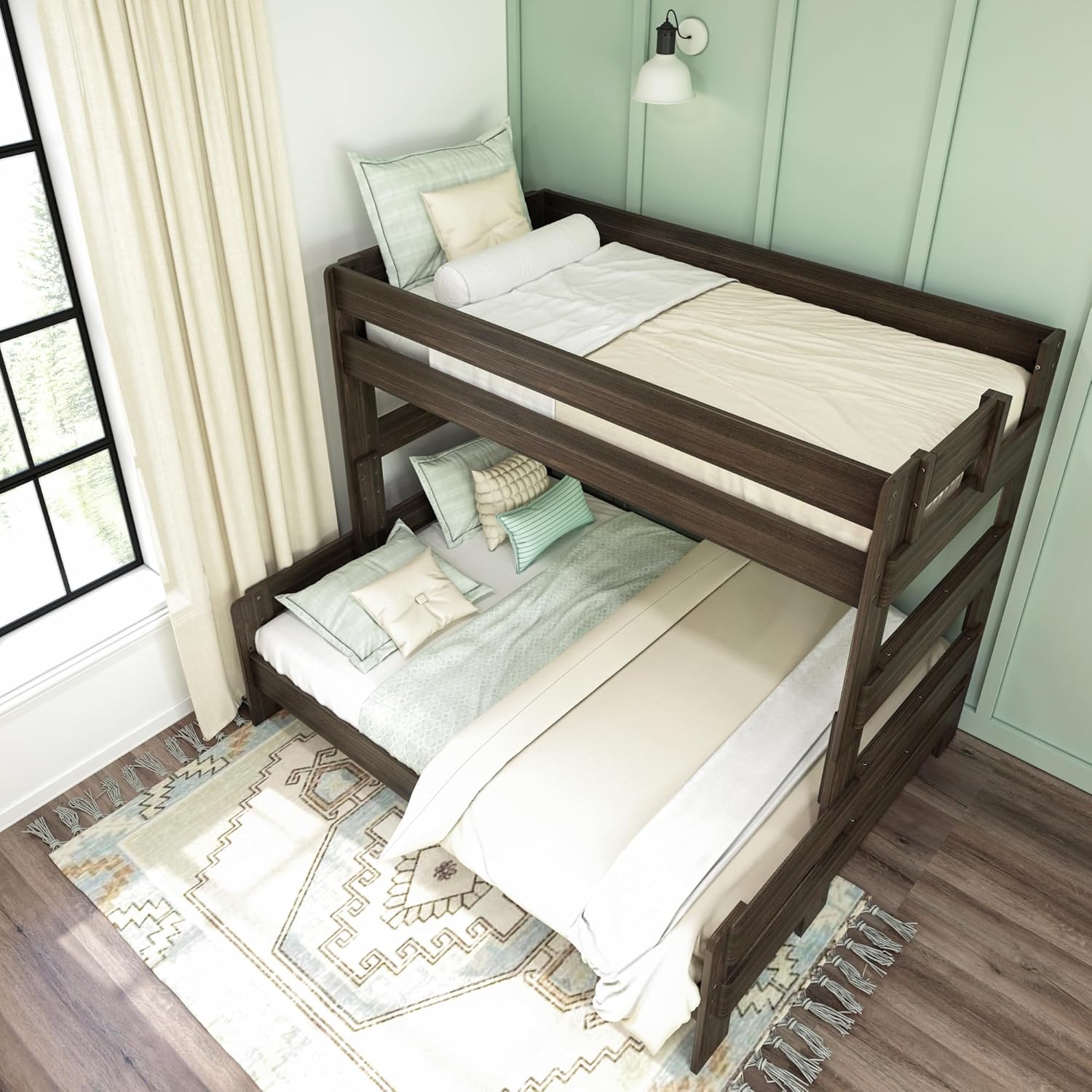 Max & Lily Modern Farmhouse Twin XL-Over-Queen Bunk Bed - overhead view of both made-up bunks with pillows and bedding in a styled bedroom