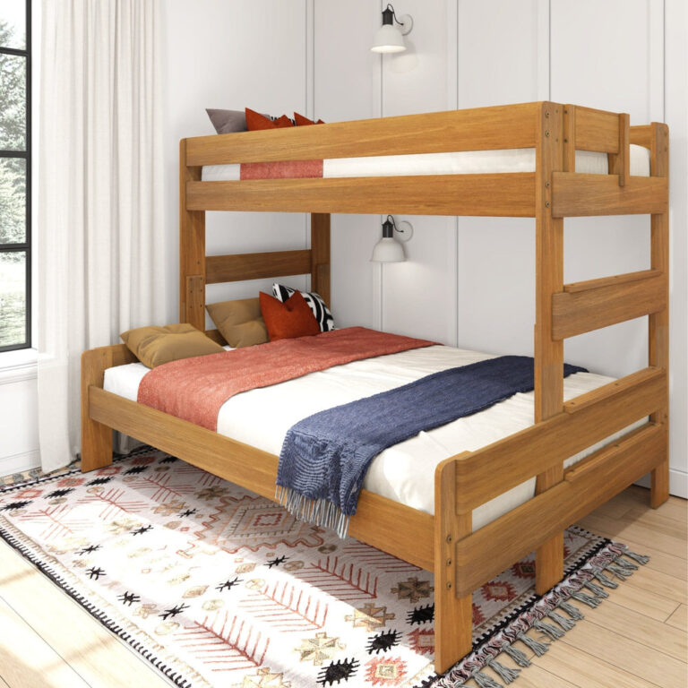 Max & Lily Modern Farmhouse Twin XL-Over-Queen Bunk Bed in Pecan - angled view styled in a bedroom with pillows, throws, and safety guardrails on the top bunk.