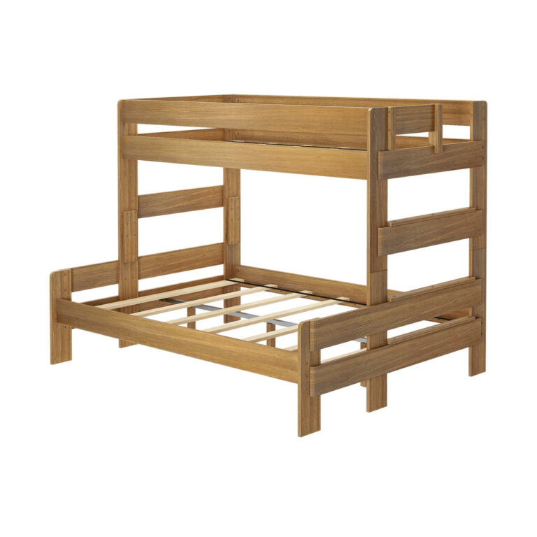 Max & Lily Modern Farmhouse Twin XL-Over-Queen Bunk Bed in Pecan - angled view of the bare wood frame showing the slat supports and guardrails.