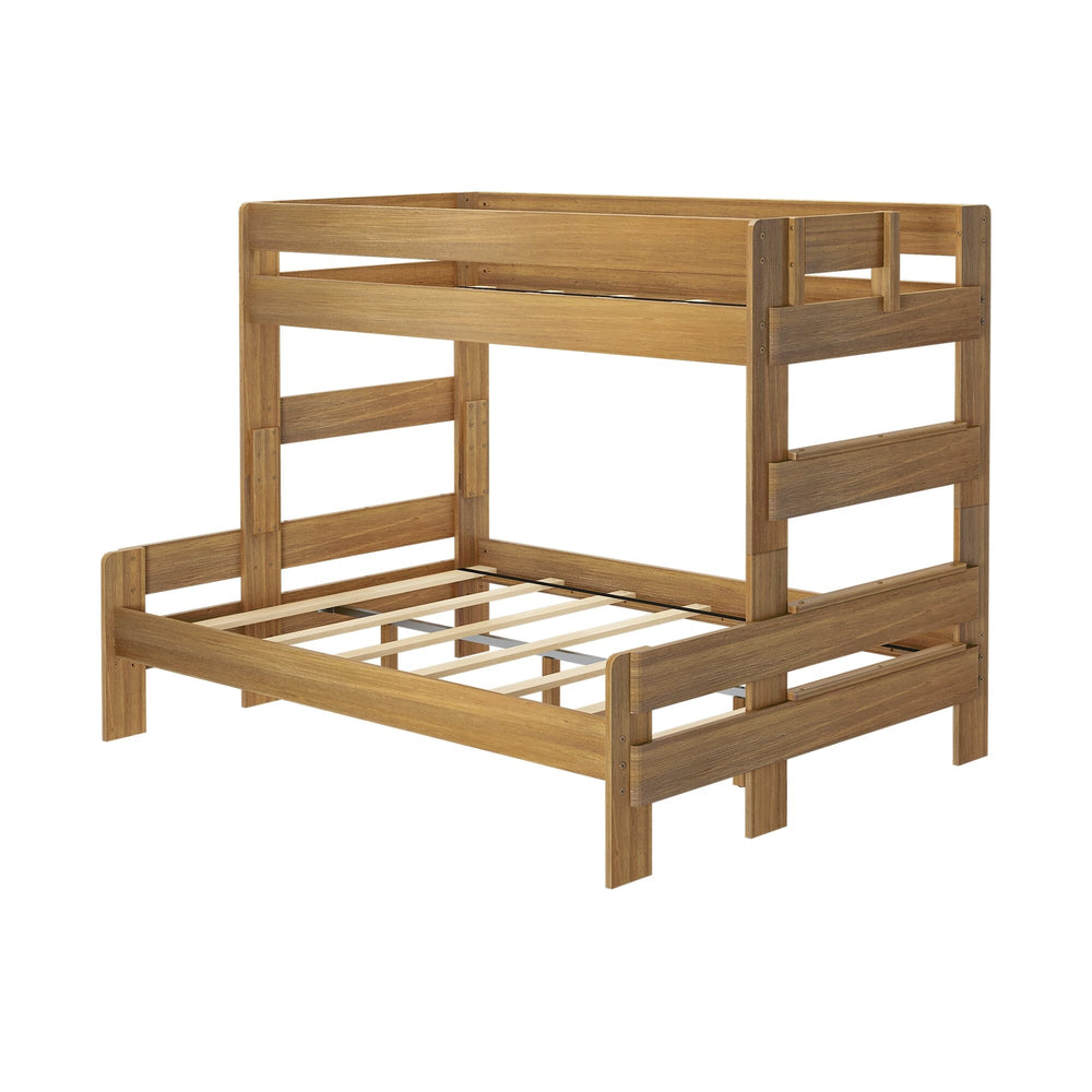 Max & Lily Modern Farmhouse Twin XL-Over-Queen Bunk Bed in Pecan - angled view of the bare wood frame showing the slat supports and guardrails.