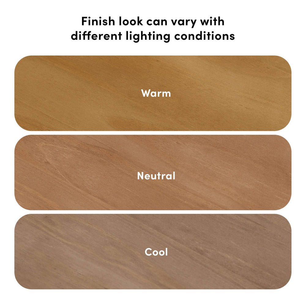 Max & Lily Modern Farmhouse Twin XL-Over-Queen Bunk Bed in Pecan - finish comparison chart showing how the wood tone looks under warm, neutral, and cool lighting.