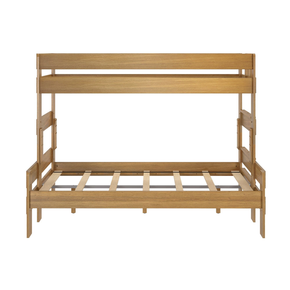 Max & Lily Modern Farmhouse Twin XL-Over-Queen Bunk Bed in Pecan - front view of the bare frame showing the wooden slats and offset design.