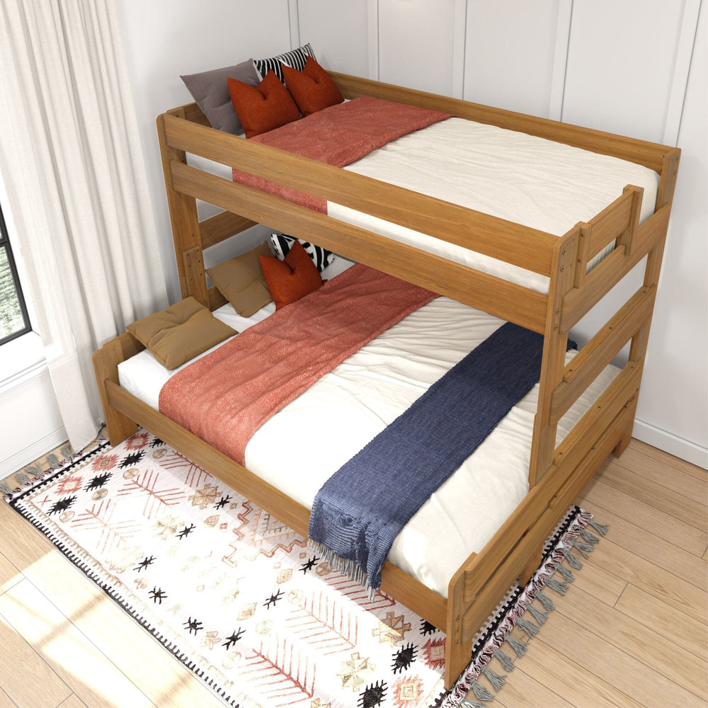 Max & Lily Modern Farmhouse Twin XL-Over-Queen Bunk Bed in Pecan - front view from the foot end showing the built-in ladder rungs and safety guardrails.