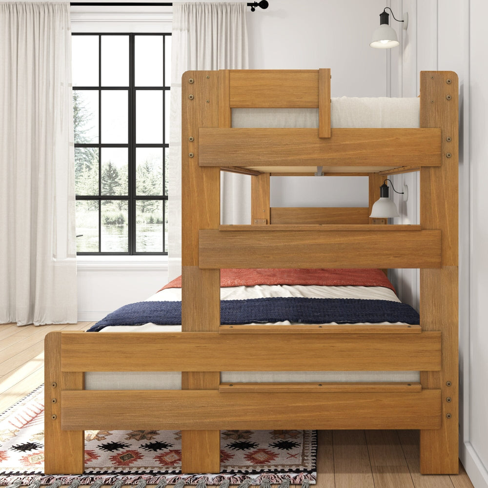 Max & Lily Modern Farmhouse Twin XL-Over-Queen Bunk Bed in Pecan - overhead angled view of both bunks styled with bedding, showing the built-in end ladder.