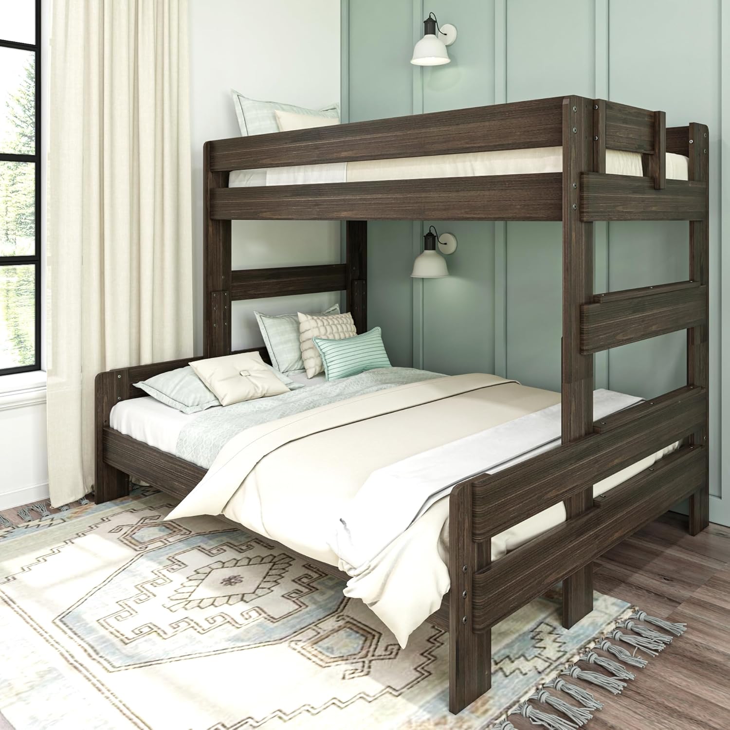 Max & Lily Modern Farmhouse Twin XL-Over-Queen Bunk Bed - styled in a bedroom with mattresses, bedding, pillows and a patterned rug beside a curtained window