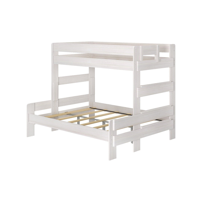 Max & Lily Modern Farmhouse Twin XL-Over-Queen Bunk Bed in White Wash - angled studio view showing the offset twin-over-queen frame and side ladder
