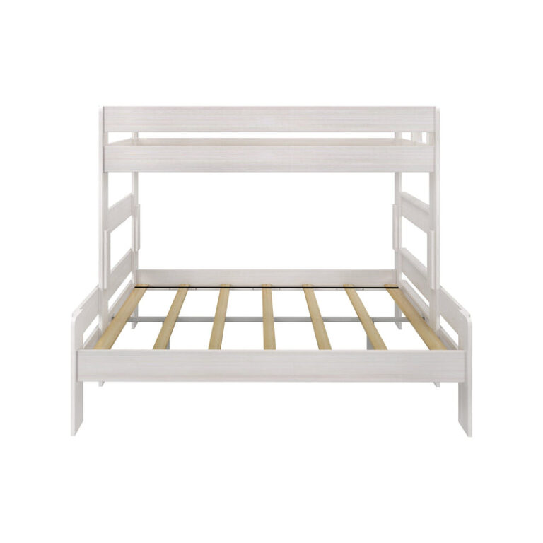 Max & Lily Modern Farmhouse Twin XL-Over-Queen Bunk Bed in White Wash - front studio view showing the full frame and exposed mattress slats