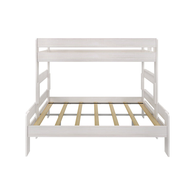 Max & Lily Modern Farmhouse Twin XL-Over-Queen Bunk Bed in White Wash - front studio view showing the full frame and exposed mattress slats
