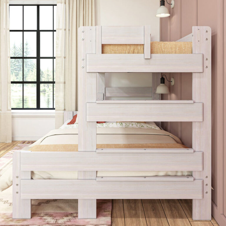 Max & Lily Modern Farmhouse Twin XL-Over-Queen Bunk Bed in White Wash - close-up of the built-in ladder and safety guardrails