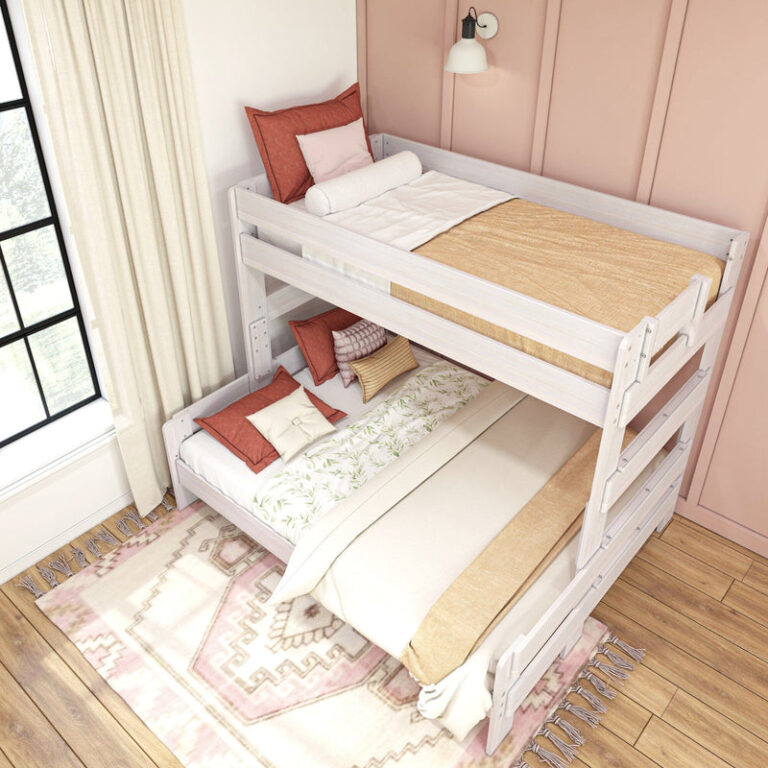 Max & Lily Modern Farmhouse Twin XL-Over-Queen Bunk Bed in White Wash - overhead view of both bunks styled in a child's bedroom with a woven rug