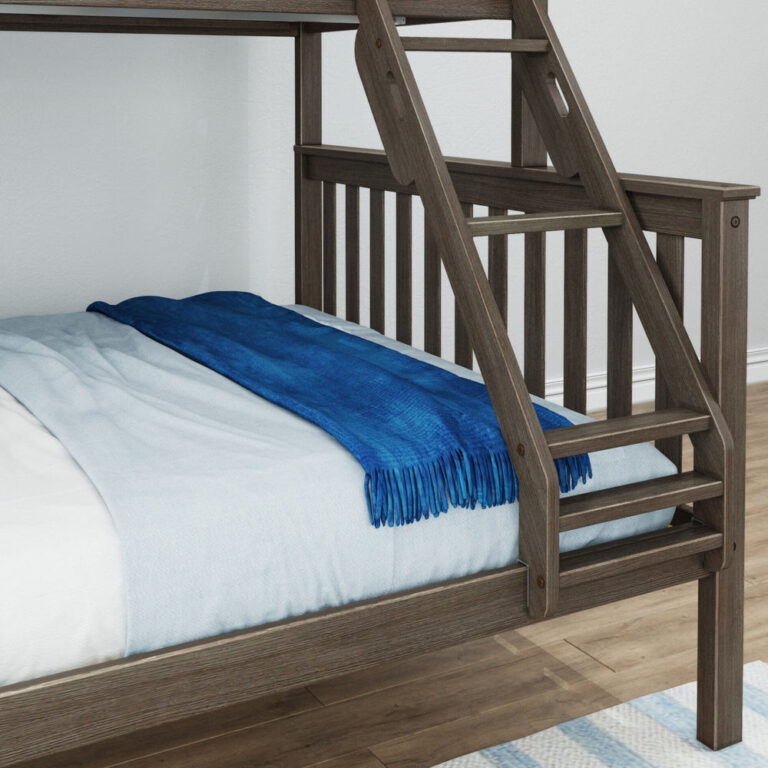 Max Lily Twin Xl Over Queen Bunk Bed Clay Ladder Detail Max & Lily Twin XL-Over-Queen Bunk Bed in Clay - close-up of the ladder attached to the lower bunk with a blue throw across the mattress