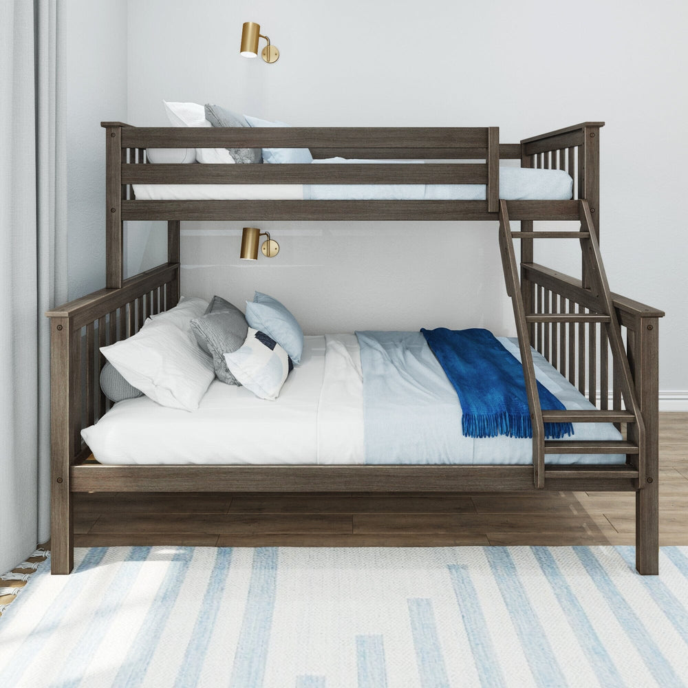 Max & Lily Twin XL-Over-Queen Bunk Bed in Clay - front view styled in a bedroom with white bedding, pillows, a blue throw, and wall sconces