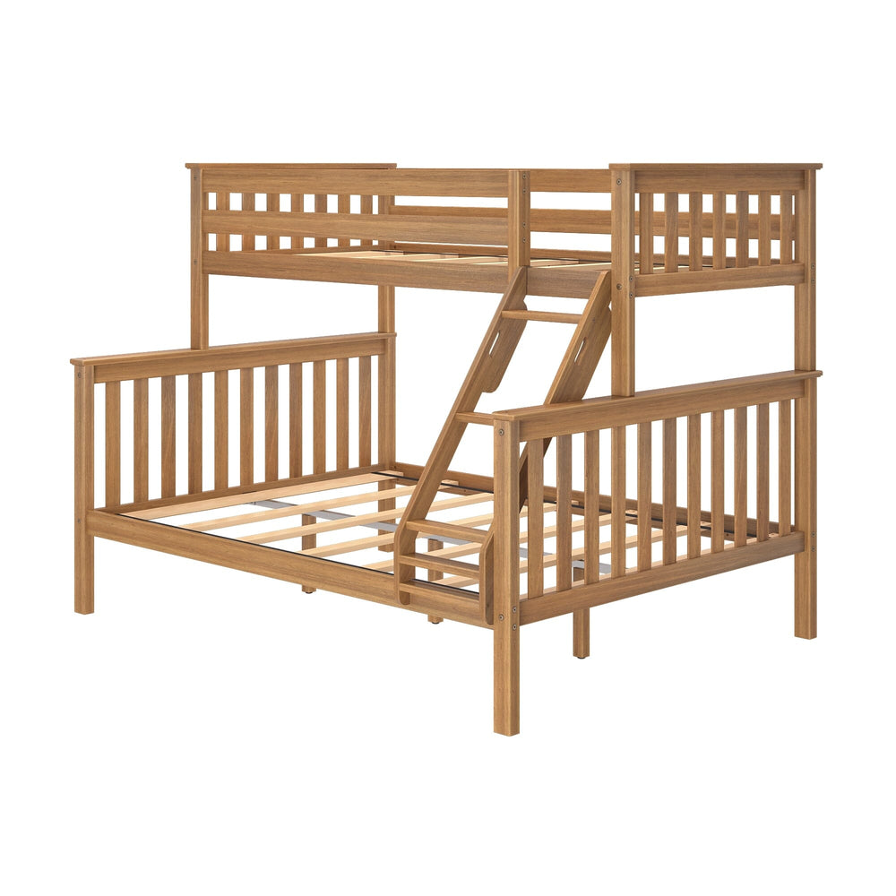 Max & Lily Twin XL-Over-Queen Bunk Bed in Pecan - angle view showing the angled ladder and exposed slat bases