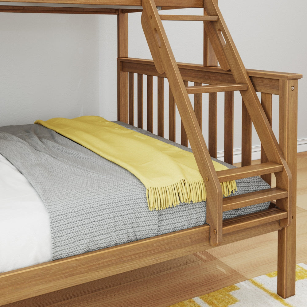 Max & Lily Twin XL-Over-Queen Bunk Bed in Pecan - close-up of the lower bunk with the angled ladder and slat guardrail