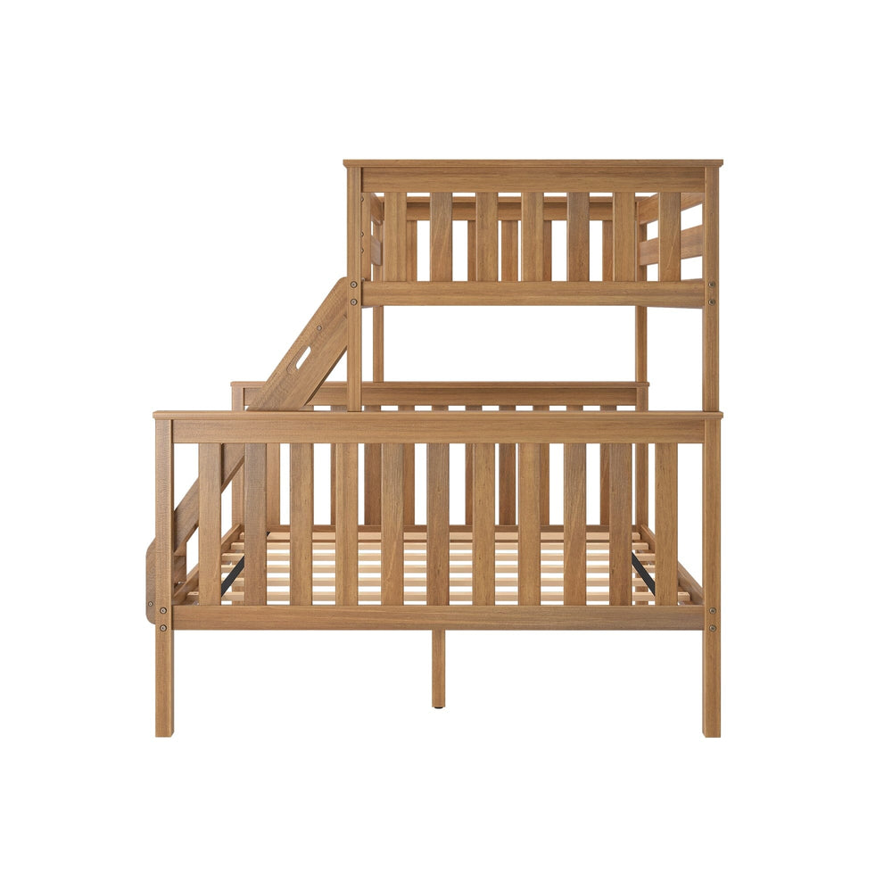 Max & Lily Twin XL-Over-Queen Bunk Bed in Pecan - side view showing the mission-style slat panels and ladder