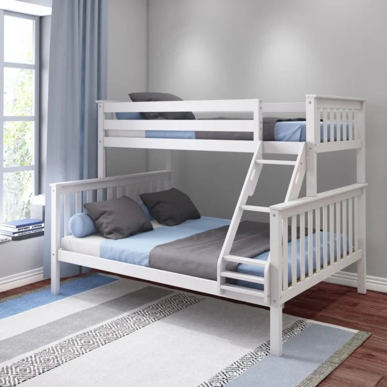 Max & Lily Twin XL-Over-Queen Bunk Bed in White - angled view in a kids room showing full-length upper guardrails, angled ladder and blue and grey bedding