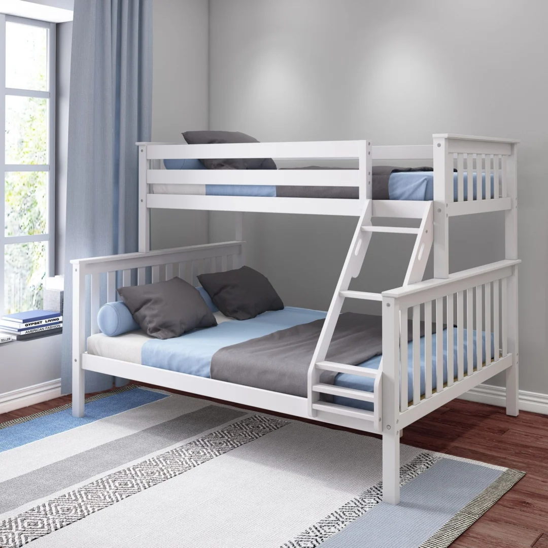 Max & Lily Twin XL-Over-Queen Bunk Bed in White - angled view in a kids room showing full-length upper guardrails, angled ladder and blue and grey bedding