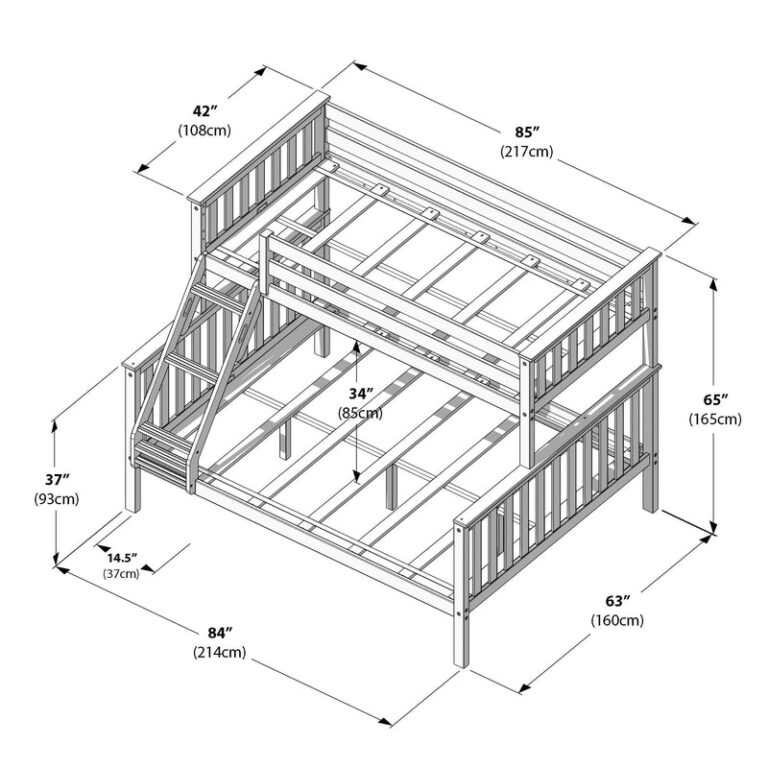 Max Lily Twin Xl Over Queen Bunk Bed White Dimensions Diagram Max & Lily Twin XL-Over-Queen Bunk Bed in white - line drawing showing overall dimensions in inches and centimeters with angled ladder and safety guardrails