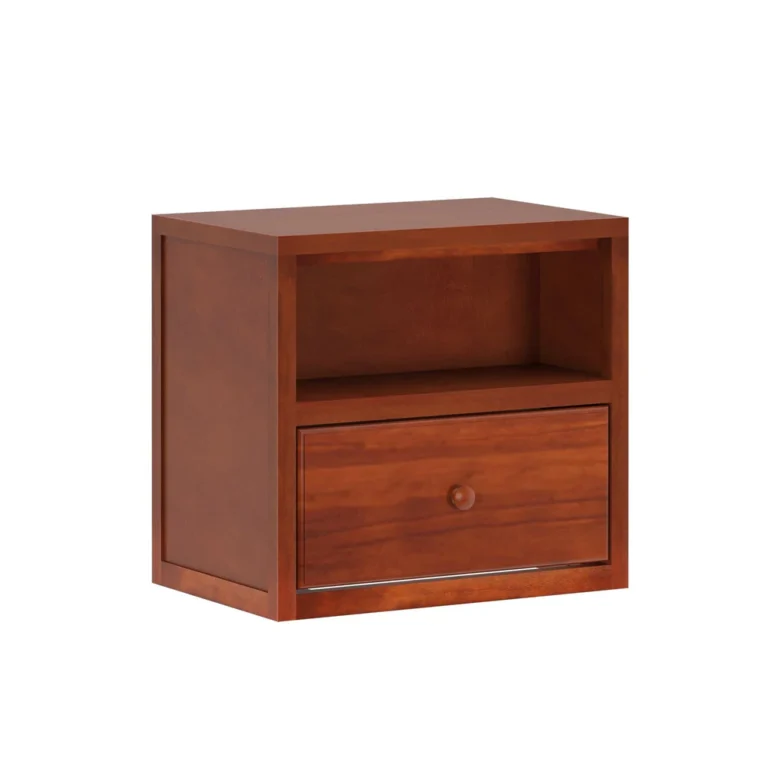 Maxtrix 1 Drawer Nightstand in Chestnut - angled studio view showing the open shelf cubby and single drawer with round wood knob