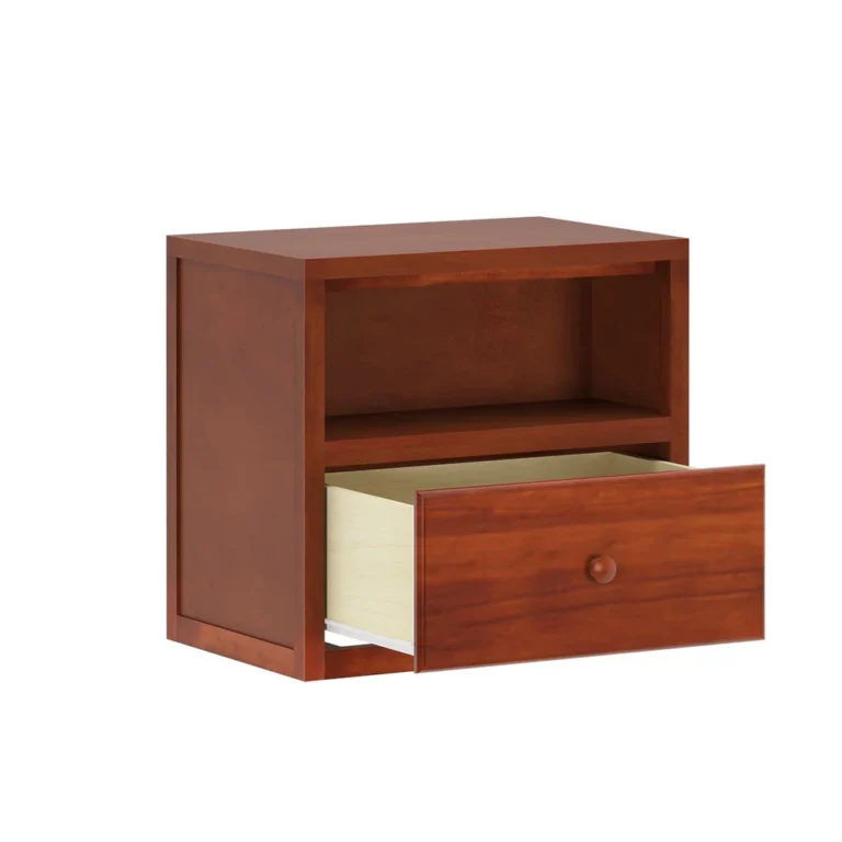 Maxtrix 1 Drawer Nightstand in Chestnut - angled view with the storage drawer pulled open to show the natural wood interior