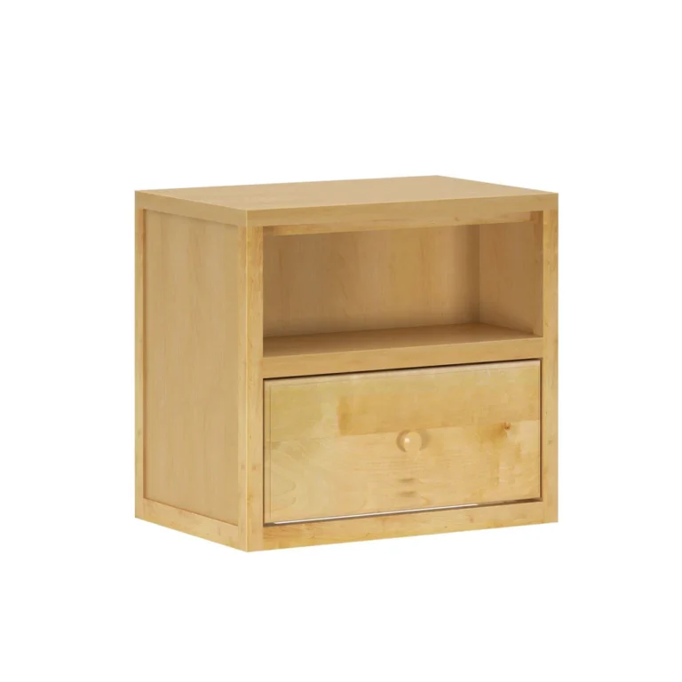 Maxtrix 1 Drawer Nightstand in Natural - angled studio view showing the open cubby shelf above a single drawer with a round wood knob