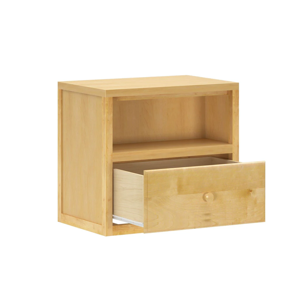 Maxtrix 1 Drawer Nightstand in Natural - angled studio view with the storage drawer pulled open on its metal glides below the open shelf