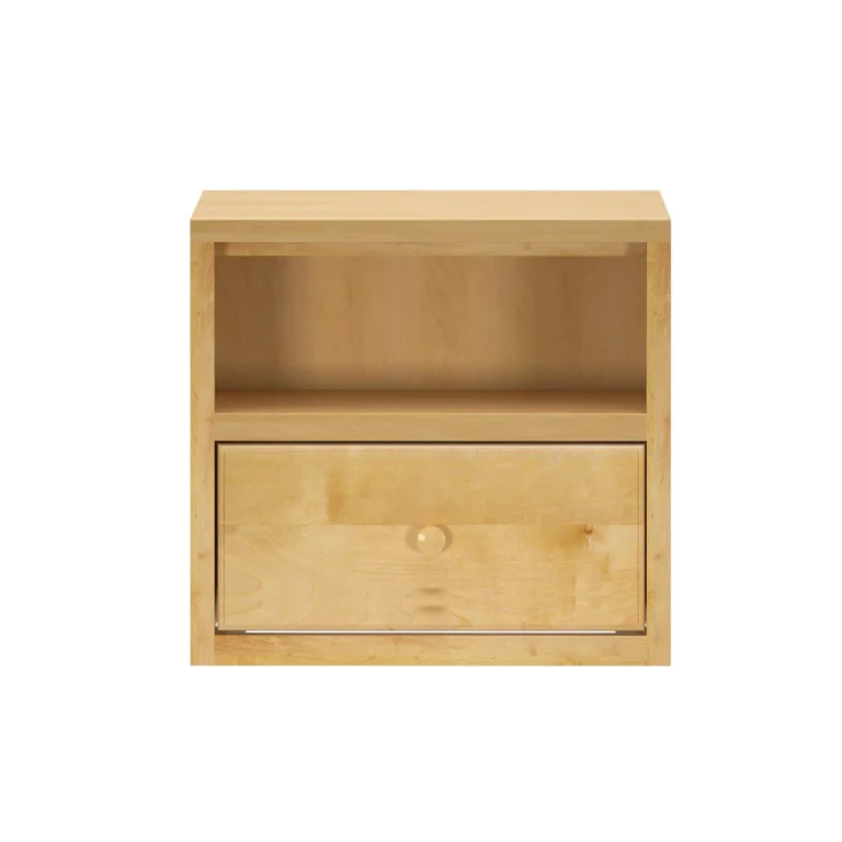 Maxtrix 1 Drawer Nightstand in Natural - straight-on studio view of the open shelf cubby and single drawer with round wood knob