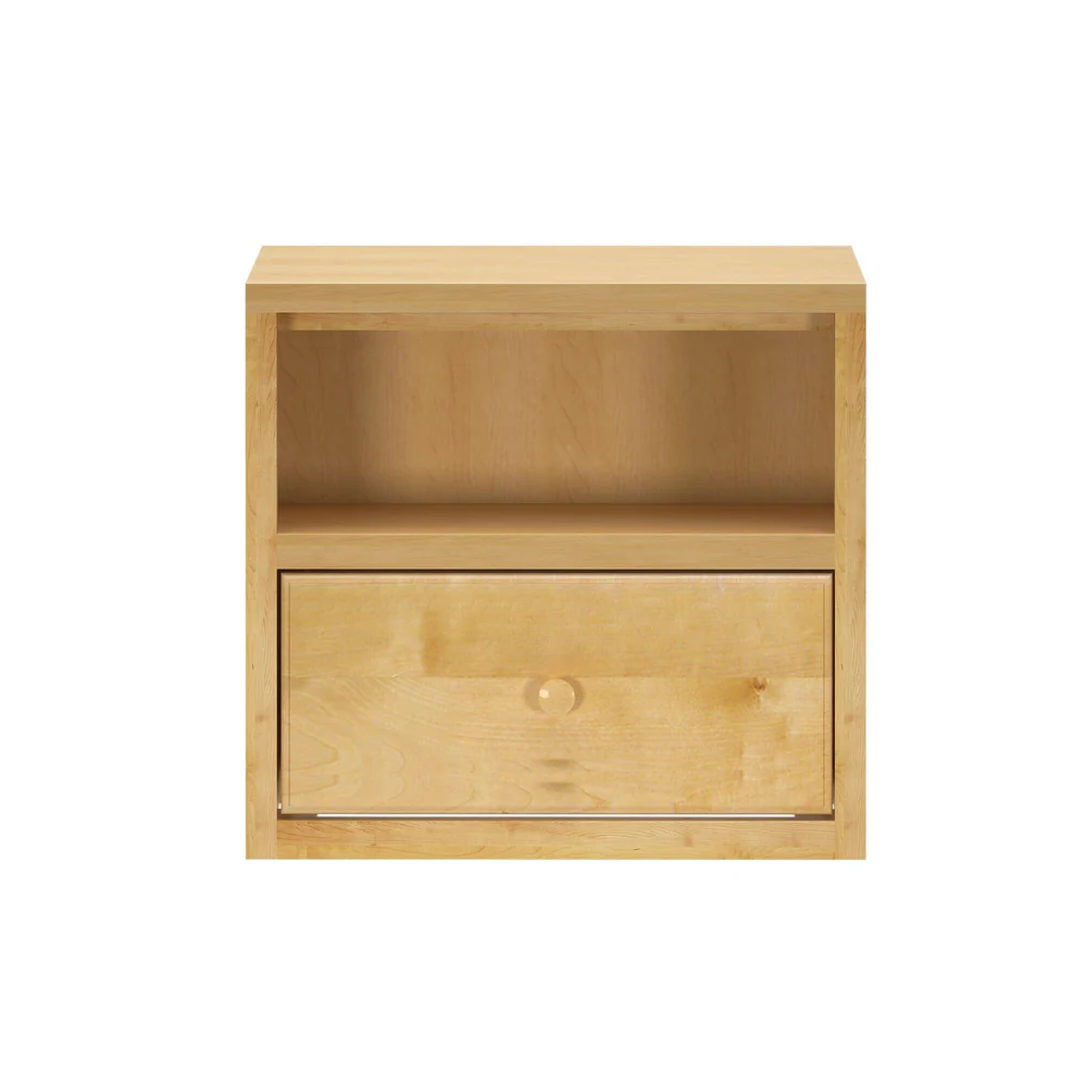 Maxtrix 1 Drawer Nightstand in Natural - straight-on studio view of the open shelf cubby and single drawer with round wood knob
