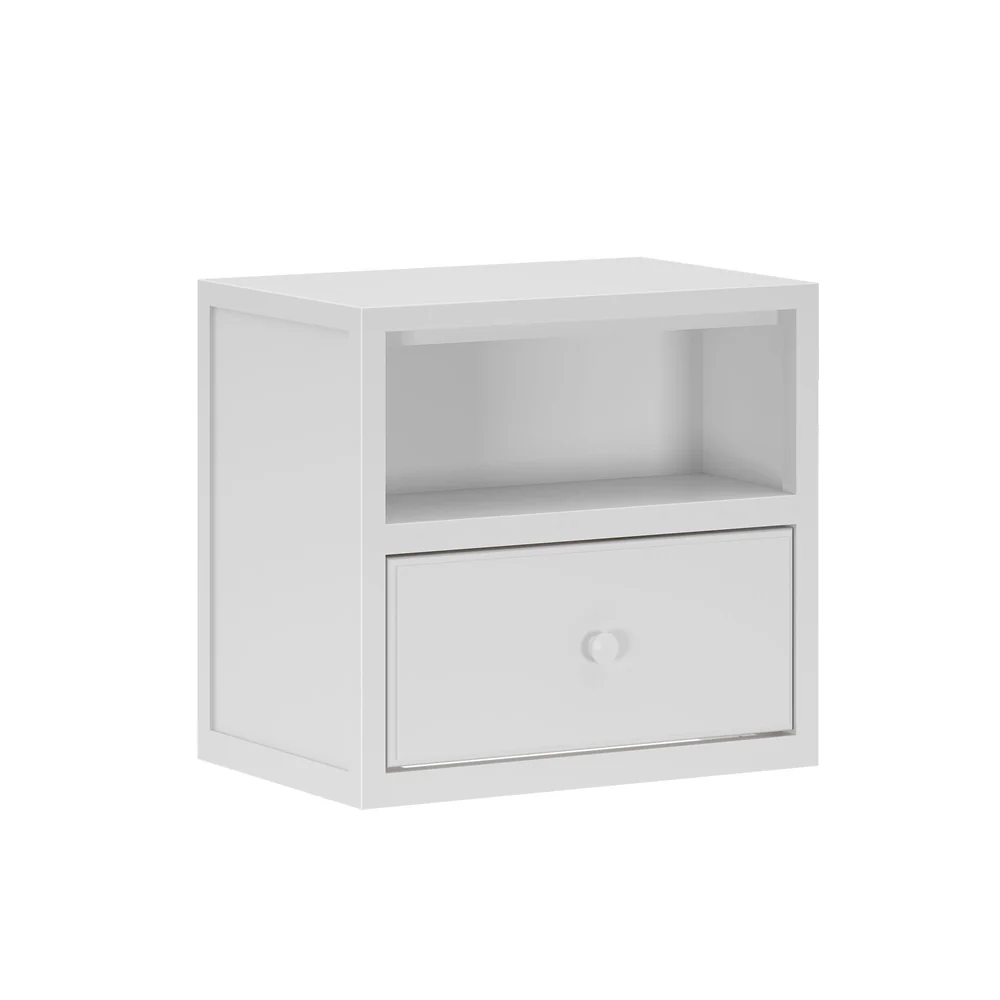 Maxtrix 1 Drawer Nightstand in White - angled studio view showing the open shelf above a single drawer with a round wooden knob
