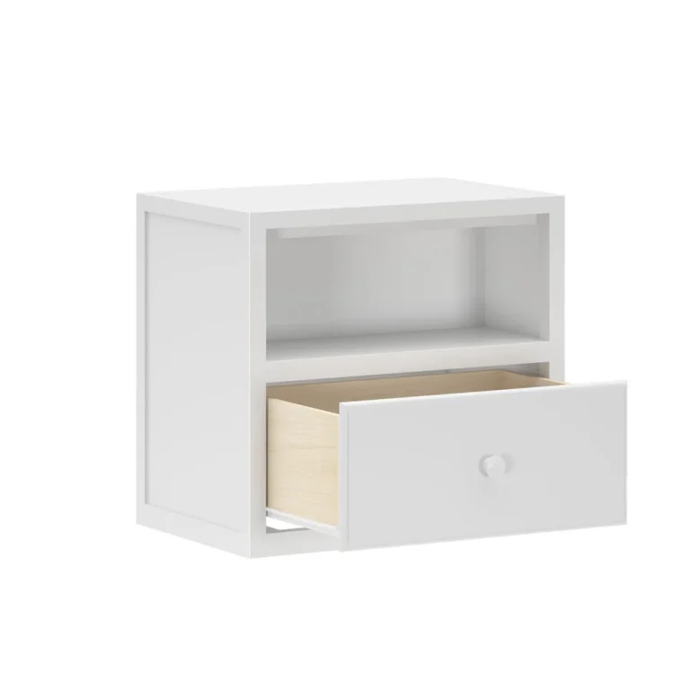 Maxtrix 1 Drawer Nightstand in White - angled view with the drawer pulled open to reveal the natural wood interior and open shelf above