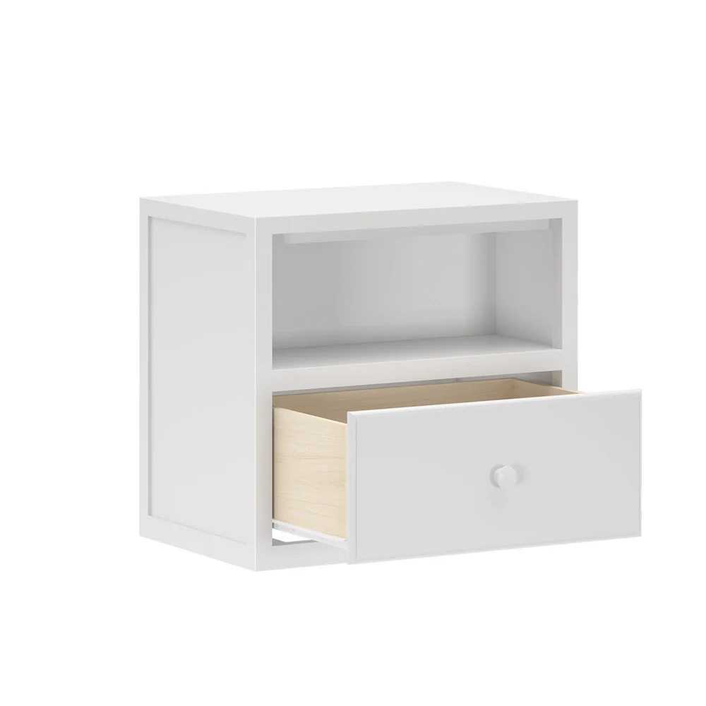 Maxtrix 1 Drawer Nightstand in White - angled view with the drawer pulled open to reveal the natural wood interior and open shelf above