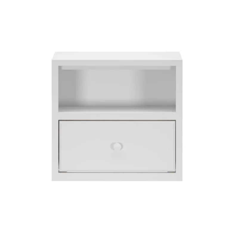 Maxtrix 1 Drawer Nightstand in White - straight-on front view showing the open cubby shelf and single drawer with round knob