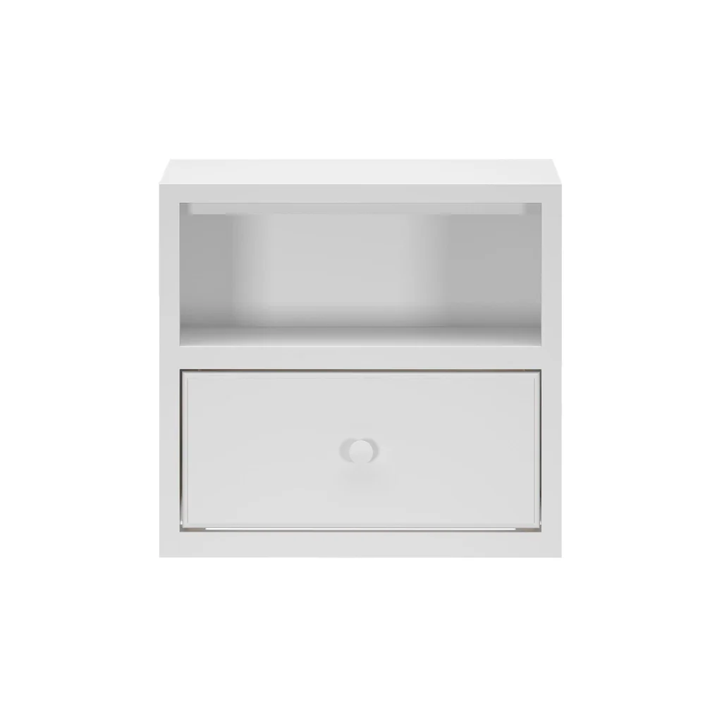 Maxtrix 1 Drawer Nightstand in White - straight-on front view showing the open cubby shelf and single drawer with round knob