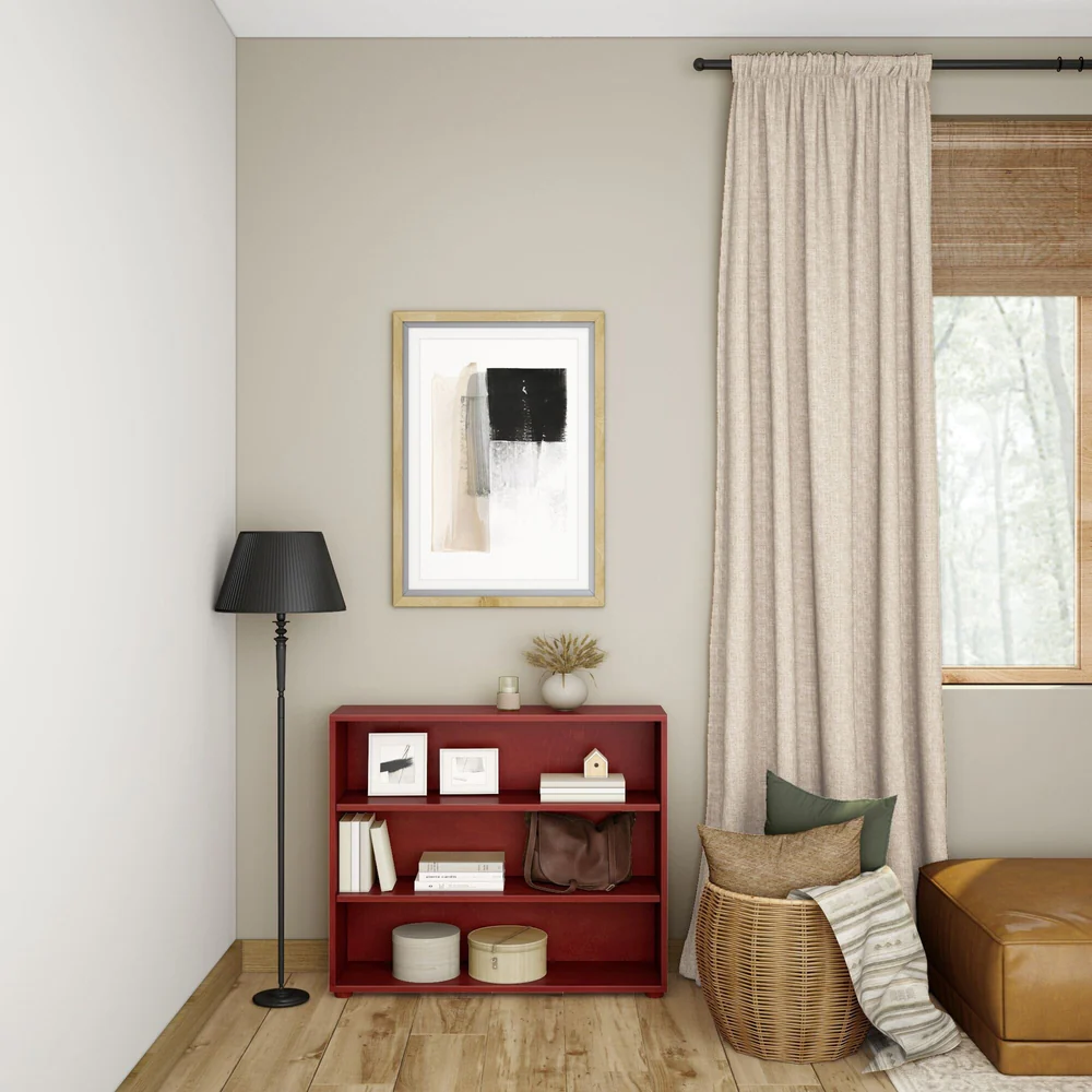 Maxtrix 3 Shelf Bookcase in Chestnut - styled in a living room corner with books, framed art and decor on its three shelves